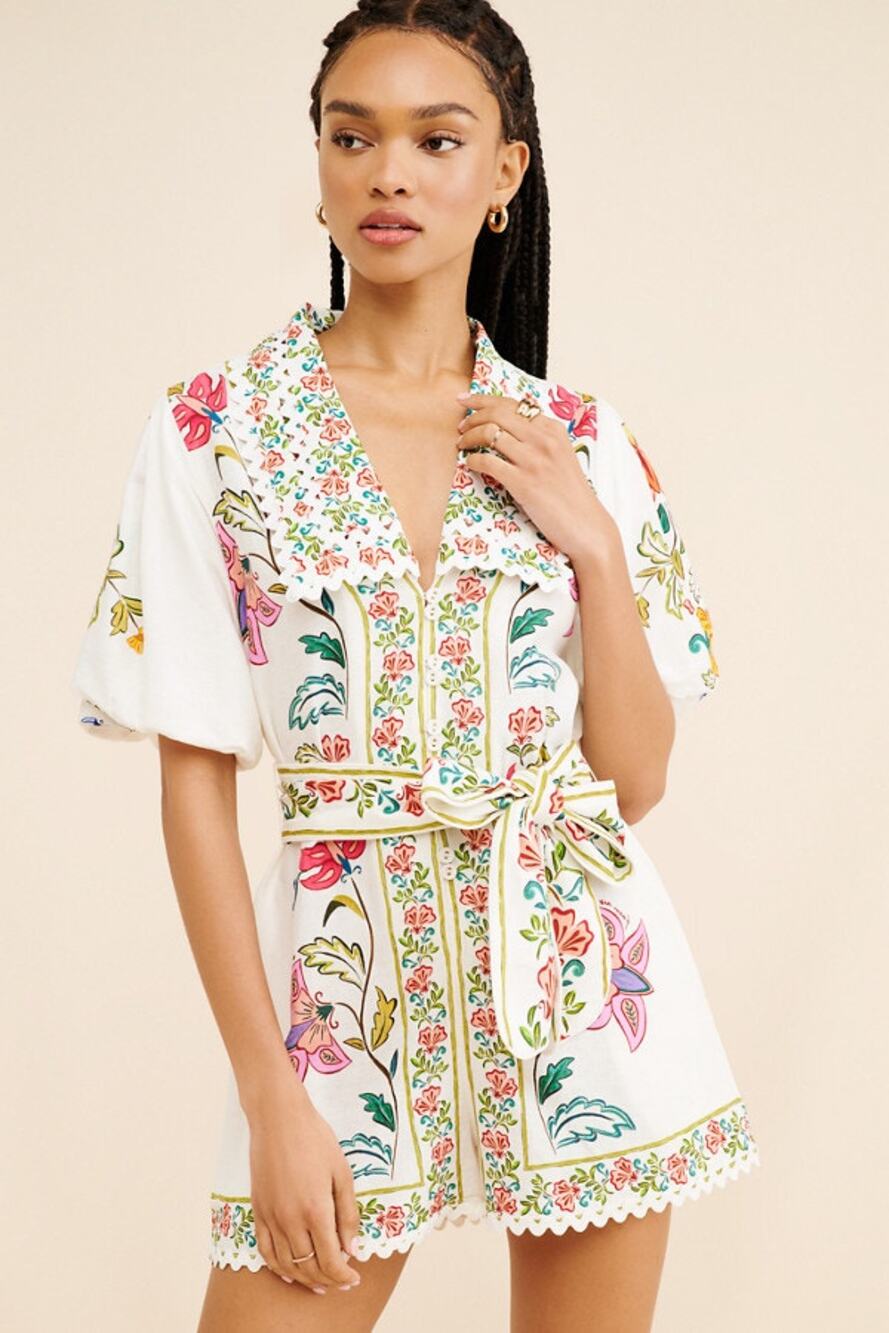 FARM Rio Floral Insects Linen Romper Size Medium Ivory